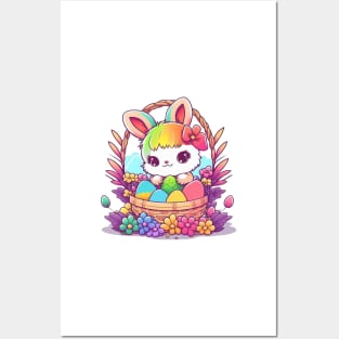 Easter Bunny In Basket. Spring Rainbow Flowers and Easter Eggs Posters and Art